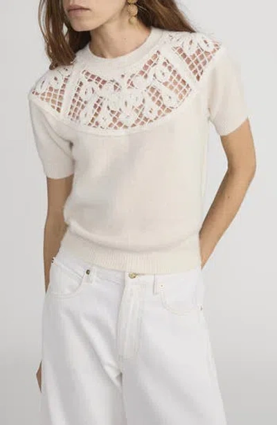 Frame The Lace Gathered Cashmere Short Sleeve Sweater In White