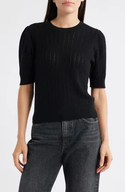 Frame The Ladder Pointelle Short Sleeve Cashmere Sweater In Black