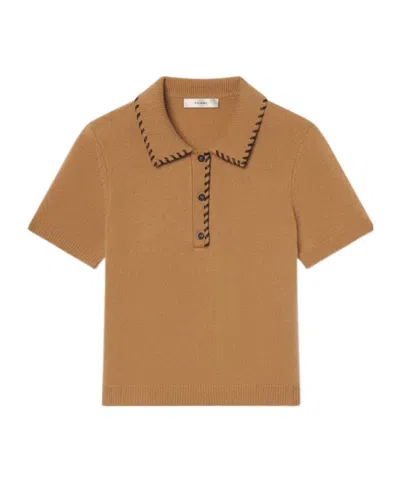 Frame Whipstitched Leather-trimmed Wool And Cashmere-blend Polo Shirt In Brown