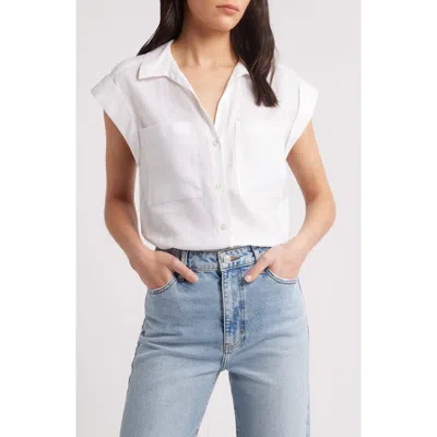 Frame The Leisure Linen Short Sleeve Button-up Shirt In White