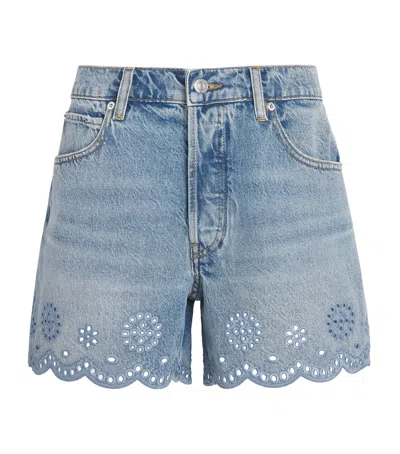 Frame The Long Hang Eyelet Denim Shorts In Blue