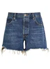 Frame The Long Hang Frayed Denim Shorts In Blue