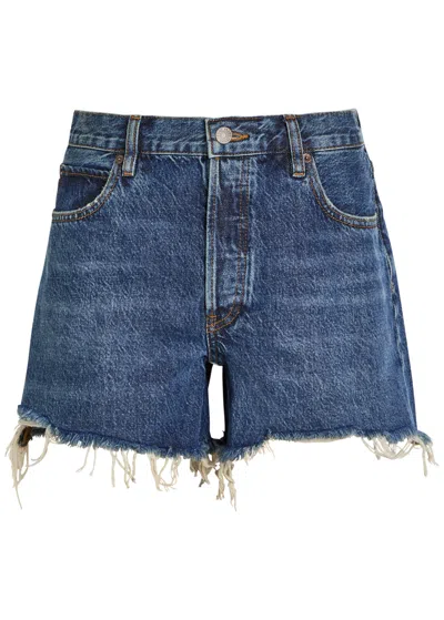 Frame The Long Hang Frayed Denim Shorts In Blue