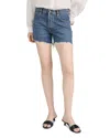 Frame The Long Hang Frayed Denim Shorts In Blue