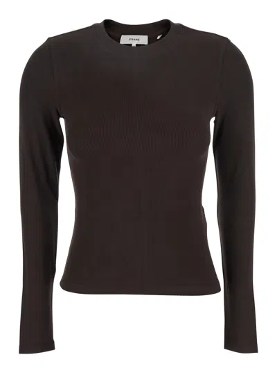 Frame The L/s Rib Crew Brown Ribbed Knit Sweater In Tech Fabric Stretch Woman
