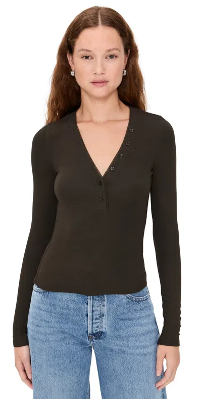 Frame The Mesh Trim Rib Henley Coffee Heather In Brown