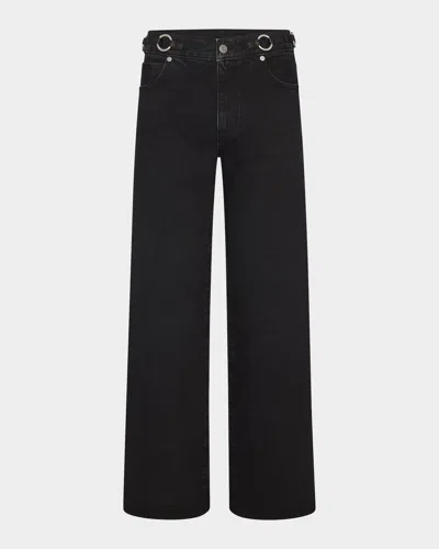Frame The O-ring Stroll Embellished Leather-trimmed High-rise Wide-leg Jeans In Multi