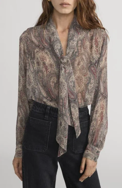 Frame The Paisley Tie Neck Silk Shirt In Gray