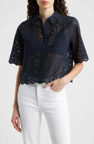 Frame The Petal Eyelet Crop Shirt In Blue
