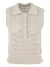 Frame Openwork Sleeveless Polo Sweater In Neutrals