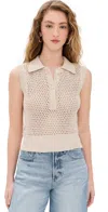 Frame Openwork Sleeveless Polo Sweater In Taupe