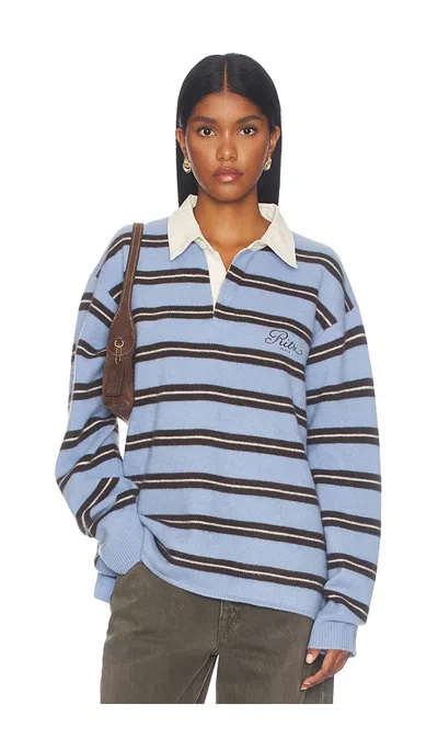 Frame The Ritz Brushed Cashmere Rugby Sweater In Light Blue Multi