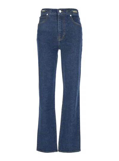 FRAME THE RITZ RULER BLUE FLARED JEANS WITH LOGO PLAQUE ON THE WAIST AND LOGO EMBROIDERY ON THE REAR IN DE