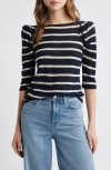 Frame The Ruched Stripe Wool T-shirt In Navy Multi