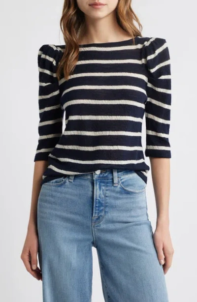 Frame The Ruched Stripe Wool T-shirt In Navy Multi