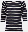 Frame Womens  The Ruched Striped Wool-knit T-shirt In Blue