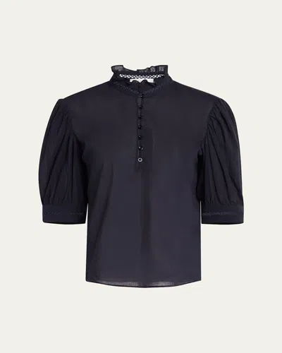 Frame The Ruffle Collar Cotton-gauze Top In Black