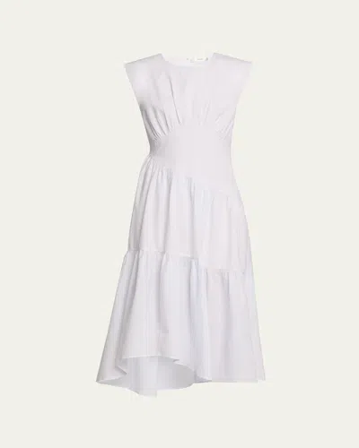 Frame The Seersucker Gathered Seam Midi Dress In Light Chambray Multi