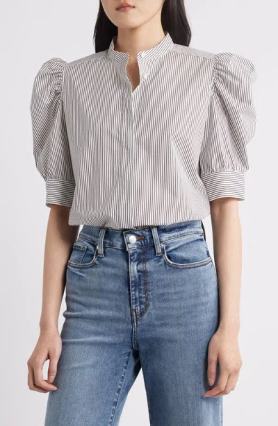 Frame The Shirred Puff Sleeve Stripe Organic Cotton Top In Multi