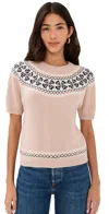 Frame The Short Sleeve Cashmere Fair Isle Sweater Pink Sand In Pink