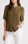 Frame The Silk Gathered Short Sleeve Button-up Shirt In Juniper