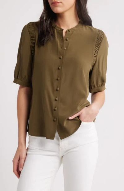Frame The Silk Gathered Short Sleeve Button-up Shirt In Juniper