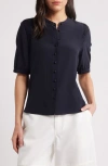 Frame The Silk Gathered Short Sleeve Button-up Shirt In Navy