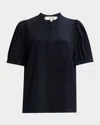 Frame The Silk Gathered Short Sleeve Button-up Shirt In Navy