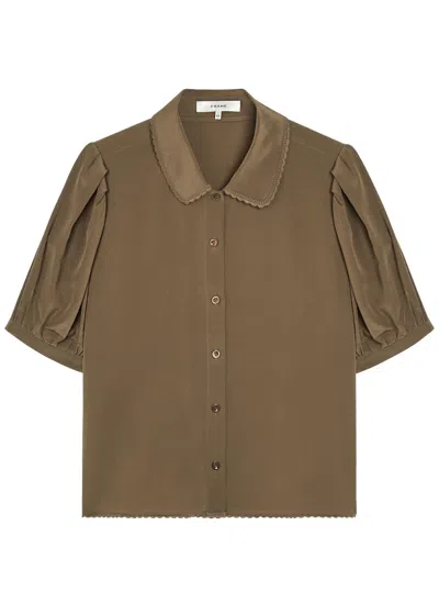Frame The Silk Prim Cropped Silk-chiffon Blouse In Dark Green