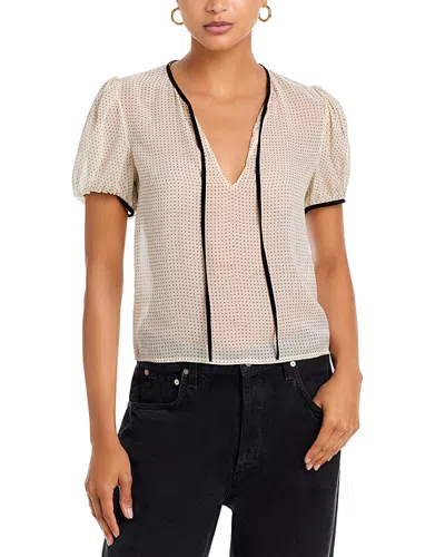 Frame Polka Dot Tie Front Puff Sleeve Semisheer Silk Top In Neutral