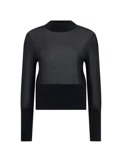 Frame Lightweight Knit Sweater Sheer Textured Band In Black