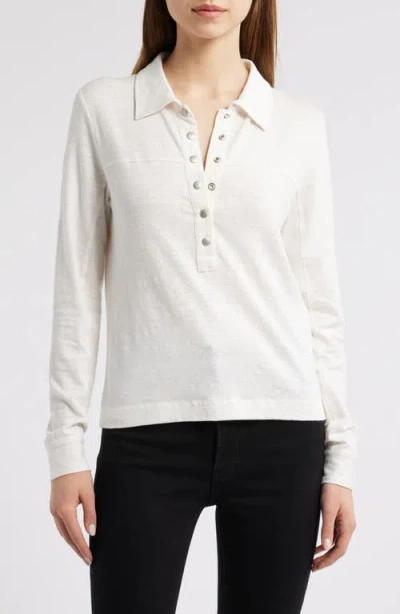 Frame The Snap Long Sleeve Linen Blend Henley In Alabaster