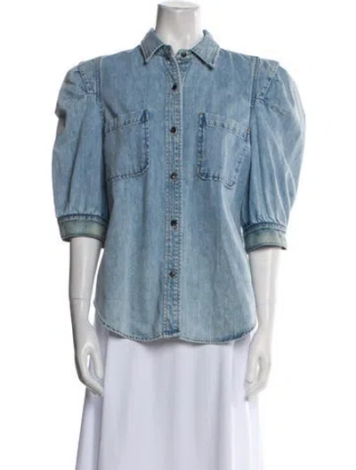 Pre-owned Frame Three-quarter Sleeve Button-up Top In Blue