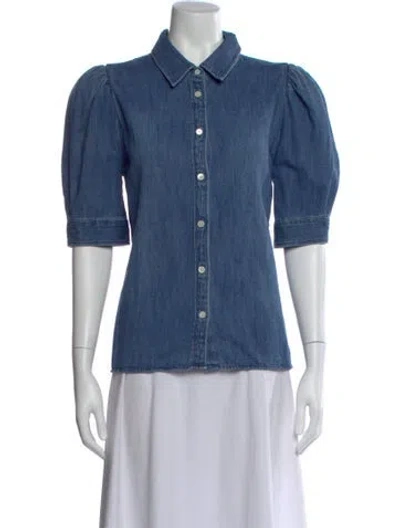Pre-owned Frame Three-quarter Sleeve Button-up Top In Blue