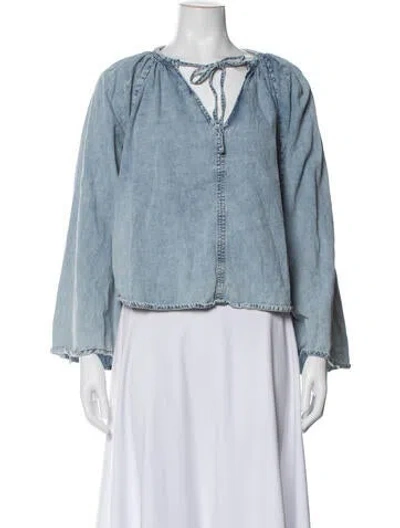 Pre-owned Frame Tie Neck Long Sleeve Blouse In Blue