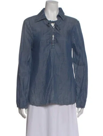 Pre-owned Frame Tie Neck Long Sleeve Button-up Top In Blue