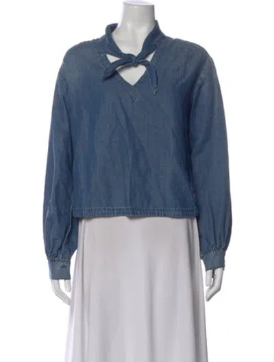 Pre-owned Frame Tie Neck Long Sleeve Top In Blue