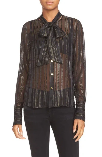 Frame Tie Neck Metallic Stripe Silk Blouse In Noir Lurex Stripe