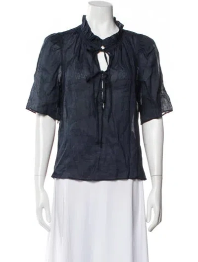 Pre-owned Frame Tie Neck Short Sleeve Blouse In Blue