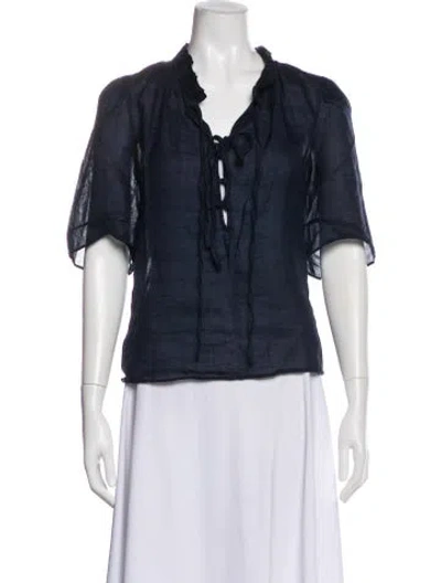 Pre-owned Frame Tie Neck Short Sleeve Blouse In Blue