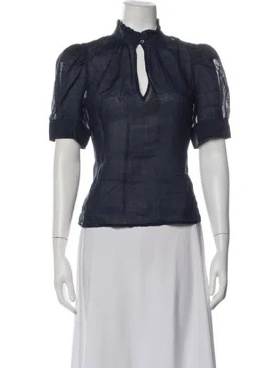 Pre-owned Frame Tie Neck Short Sleeve Blouse In Blue