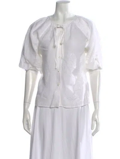 Pre-owned Frame Tie Neck Short Sleeve Blouse In White