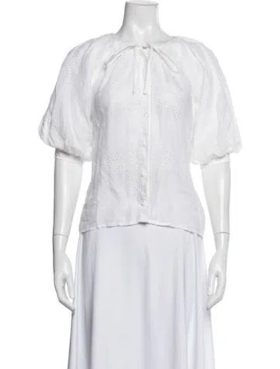 Pre-owned Frame Tie Neck Short Sleeve Blouse In White