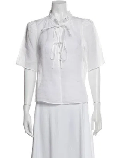 Pre-owned Frame Tie Neck Short Sleeve Blouse In White