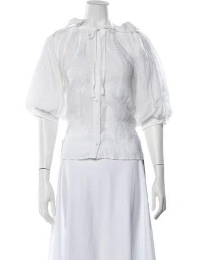 Pre-owned Frame Tie Neck Short Sleeve Blouse In White