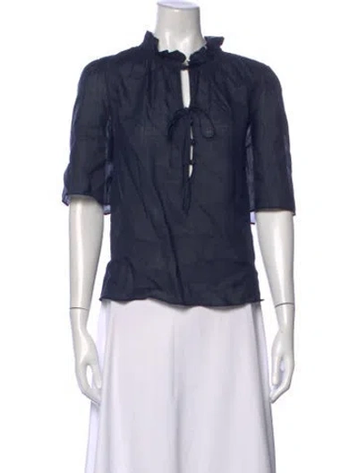 Pre-owned Frame Tie Neck Three-quarter Sleeve Blouse In Blue