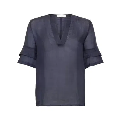 FRAME TIERED RUFFLE SHORT SLEEVE BLOUSE IN NAVY