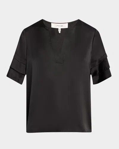 Frame Tiered Short-sleeve Satin Blouse In Black