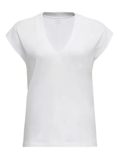 Frame Le Mid Rise V Neck Tee In Blanc In White