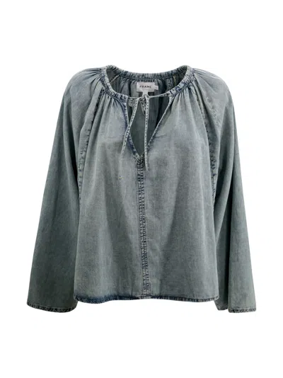 Frame V-neck Shirred Blouse In Aries In Gray